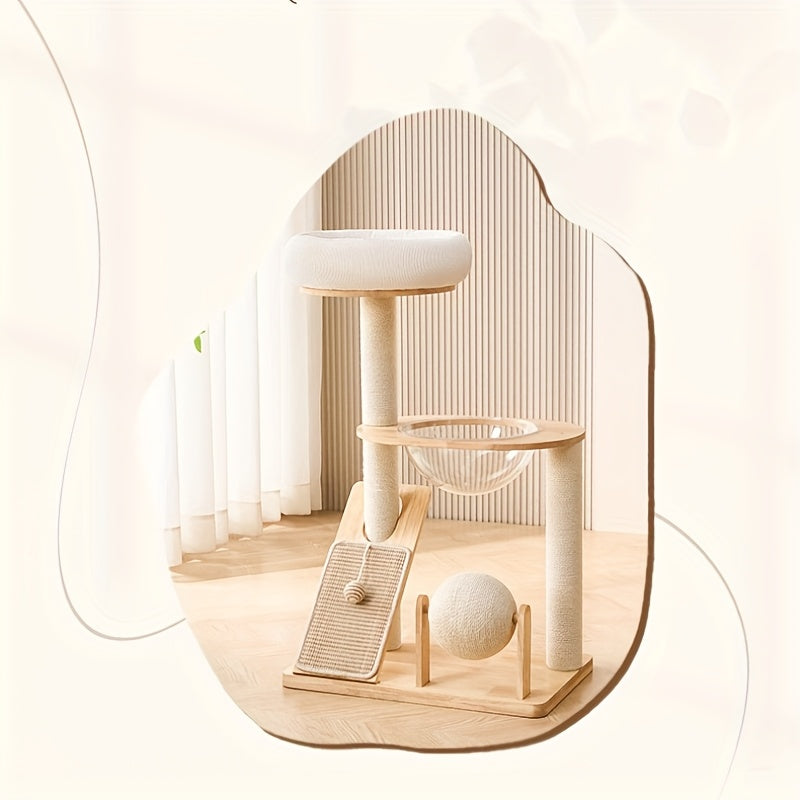 Houten Kattenboom met Ruimtecapsule, Condo en Krabpalen