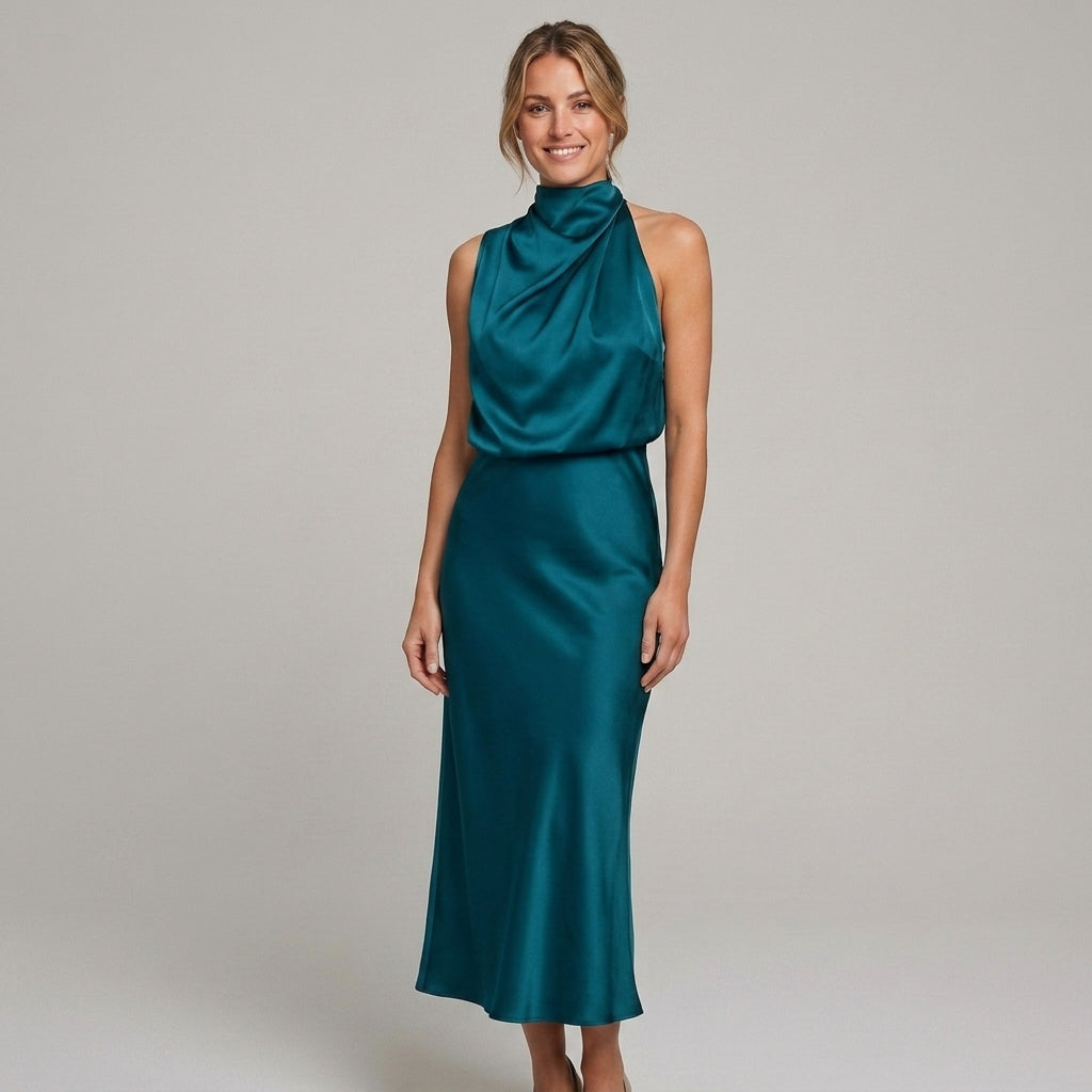 Elegante midi-jurk met gedrapeerde top en hoge hals