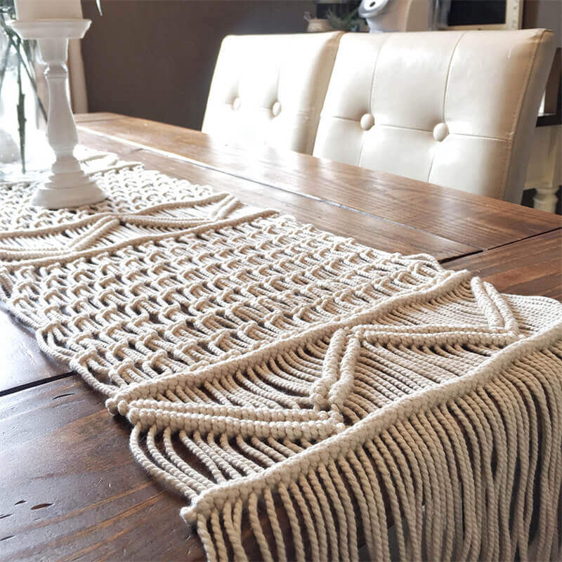 Macramé tafelloper - Handgeweven katoen met kwastjes