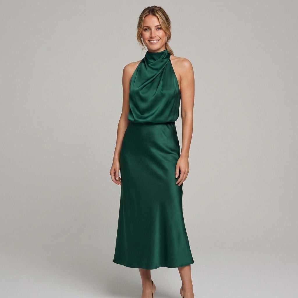 Elegante midi-jurk met gedrapeerde top en hoge hals