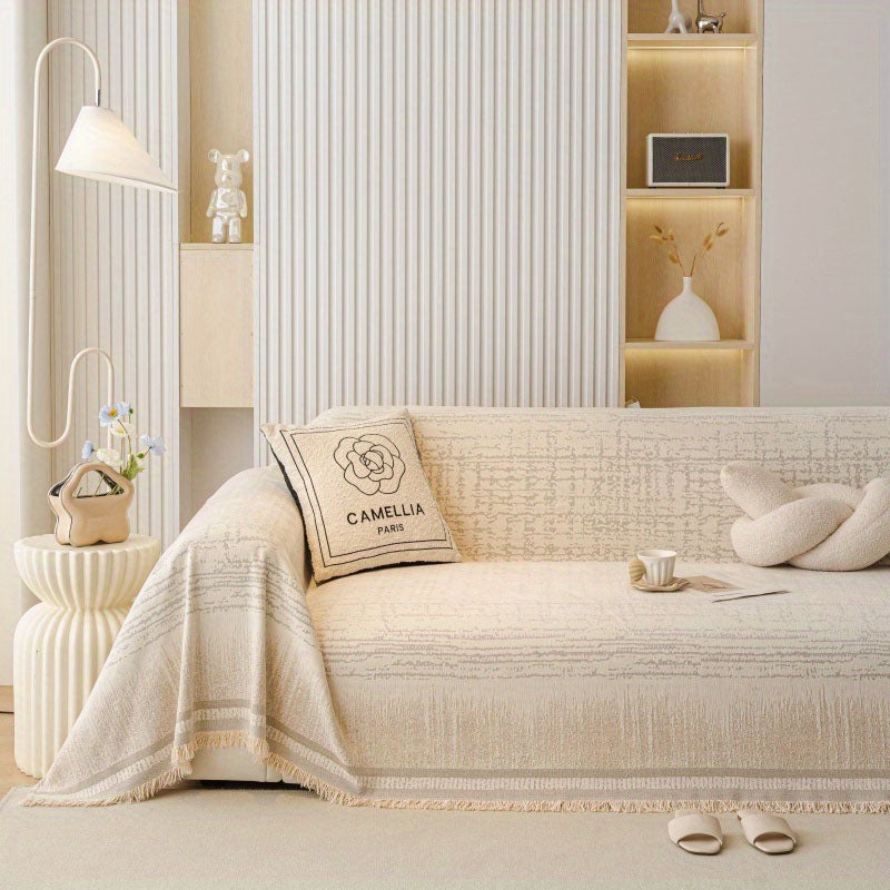 Chenille bankplaid - Scandinavische meubelbeschermer met franjes