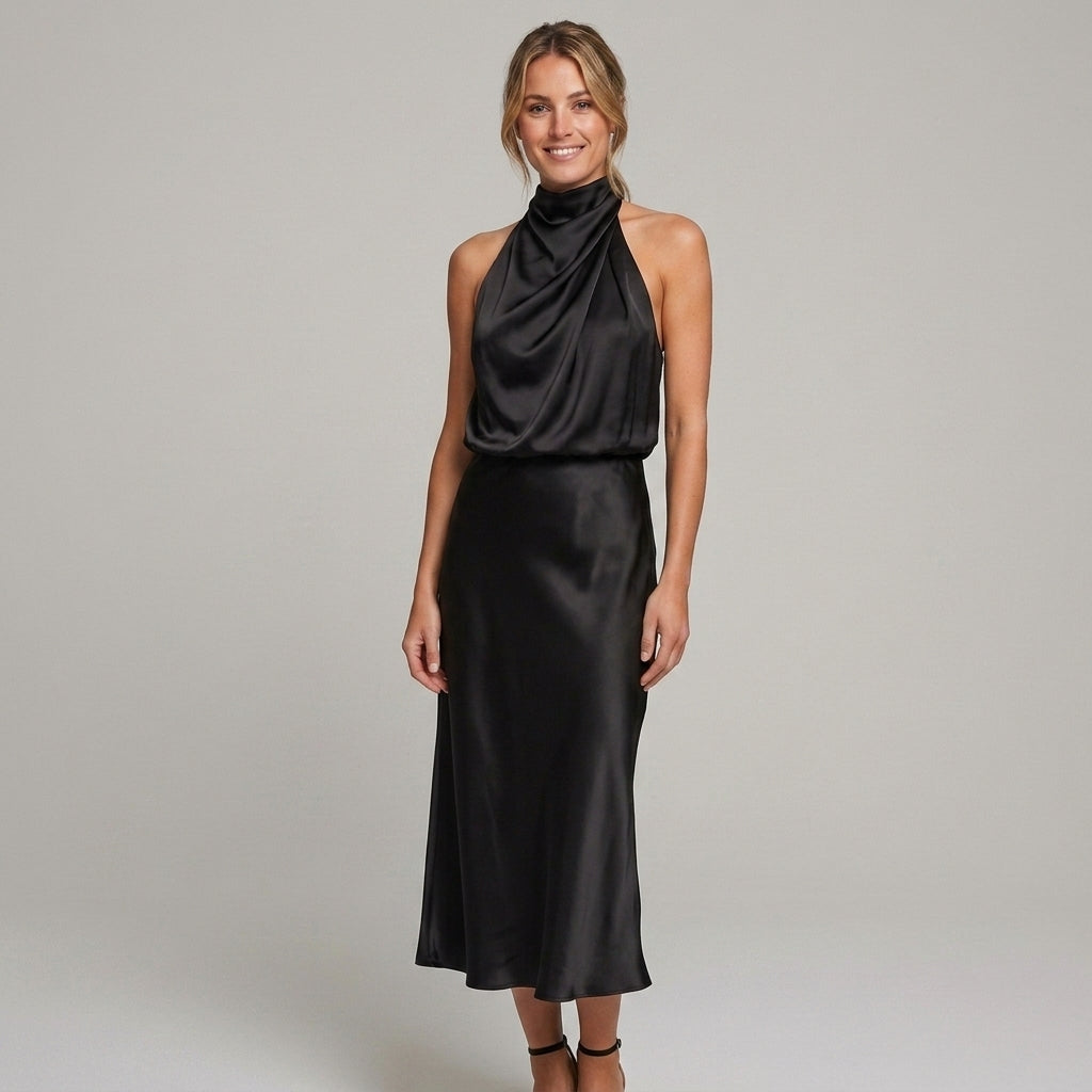 Elegante midi-jurk met gedrapeerde top en hoge hals