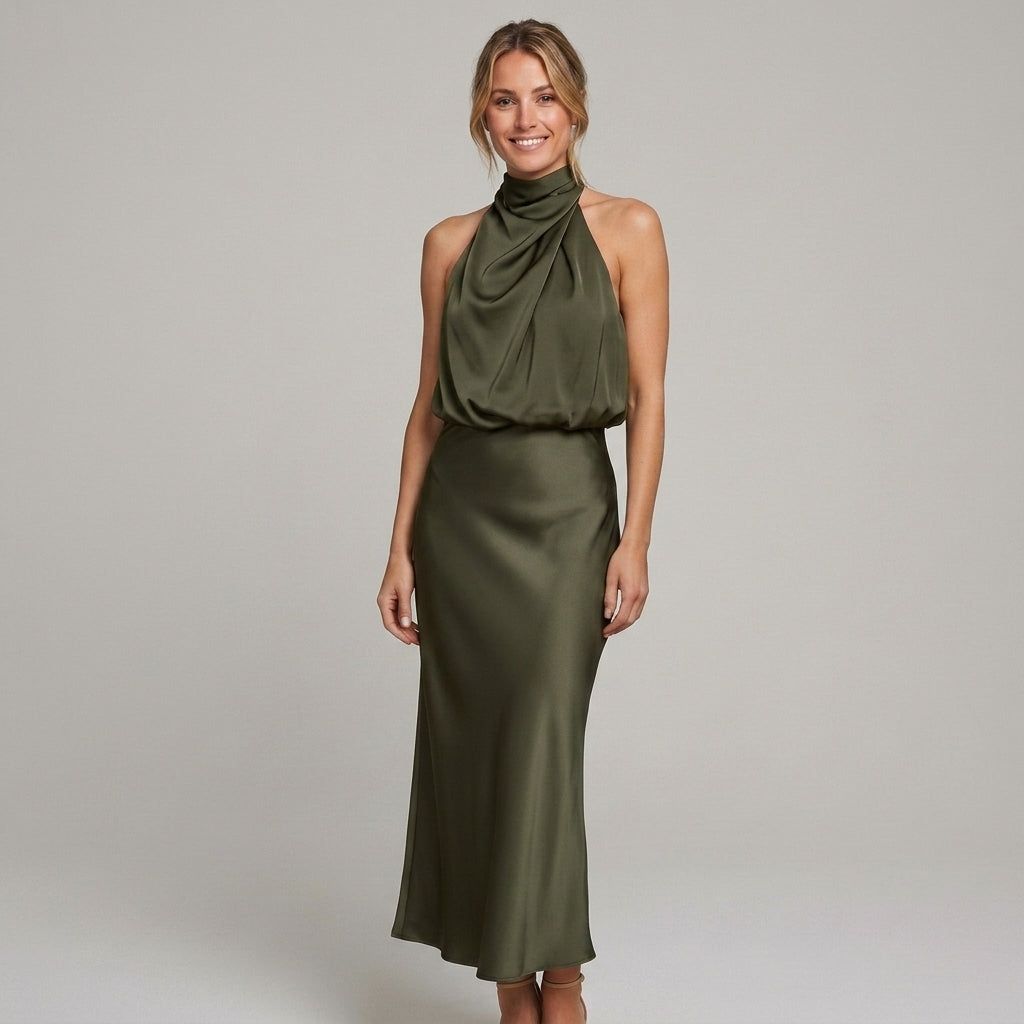 Elegante midi-jurk met gedrapeerde top en hoge hals