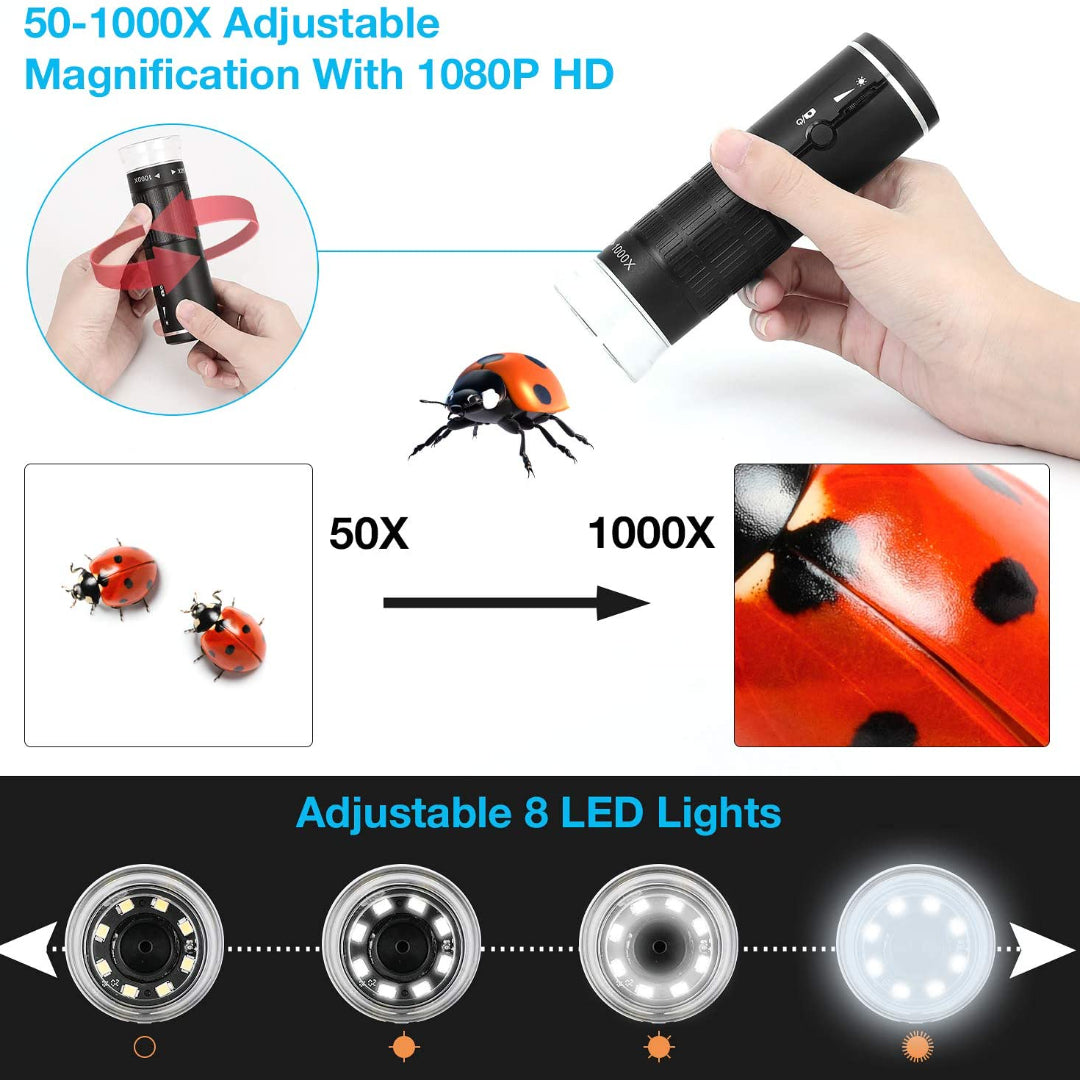 Draagbare digitale wifi-microscoop met flexibele standaard – 50×–1000×