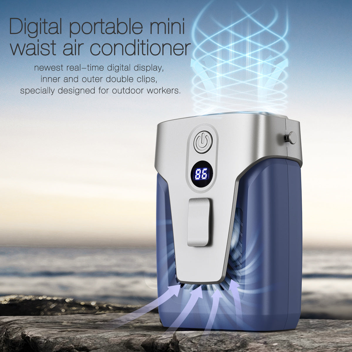 Draagbare tailleventilator met digitaal display en 12.000mAh-accu