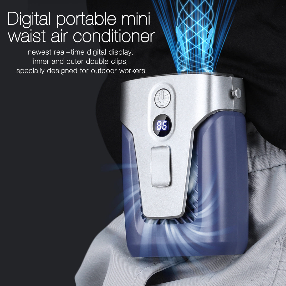 Draagbare tailleventilator met digitaal display en 12.000mAh-accu