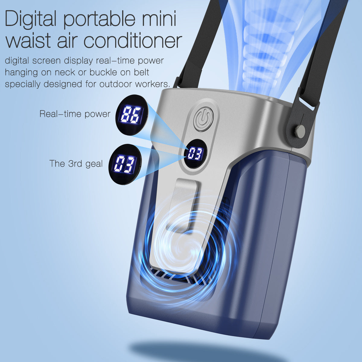 Draagbare tailleventilator met digitaal display en 12.000mAh-accu