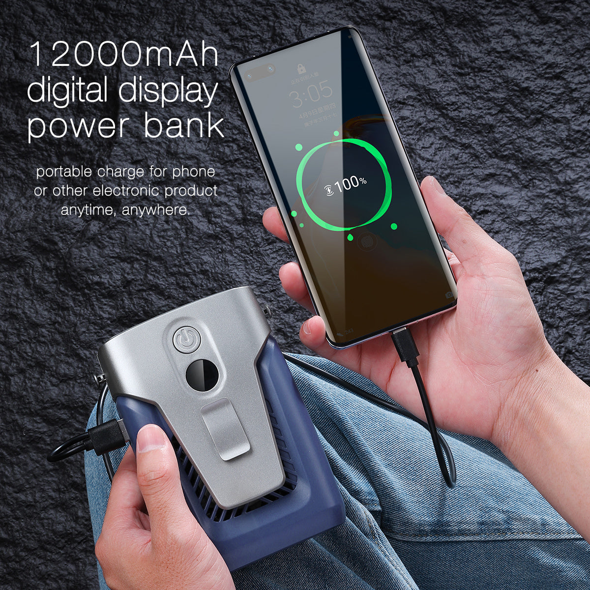 Draagbare tailleventilator met digitaal display en 12.000mAh-accu