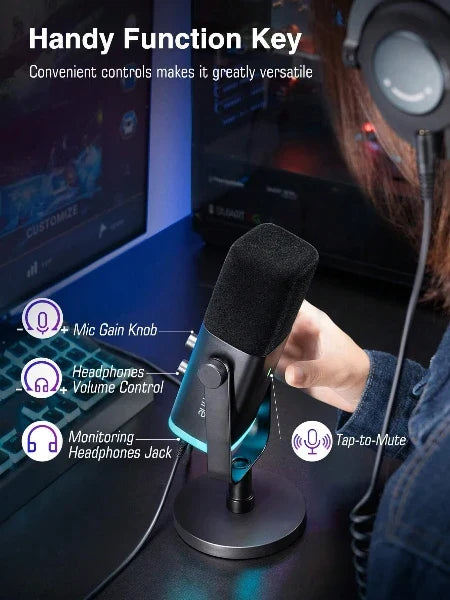 Dynamische USB/XLR-microfoon met monitoring en RGB-verlichting