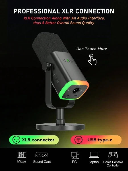 Dynamische USB/XLR-microfoon met monitoring en RGB-verlichting