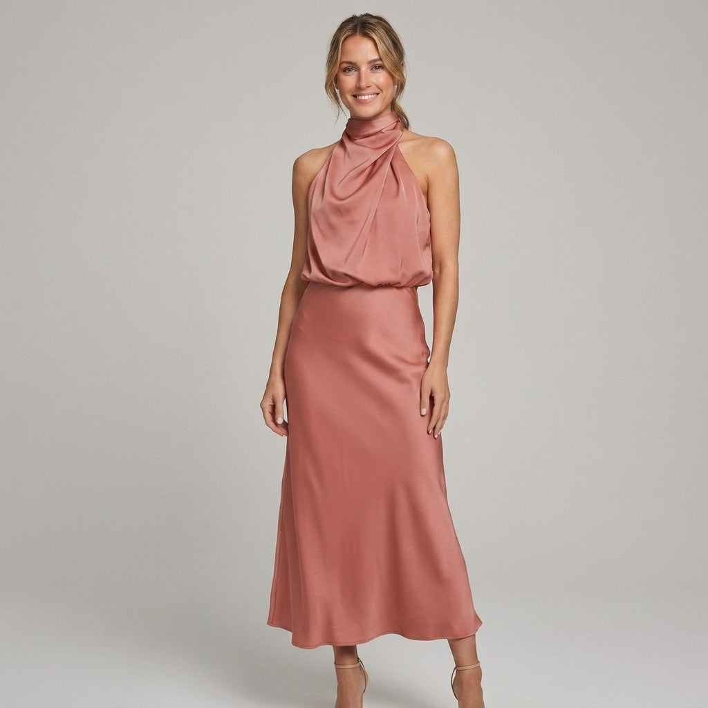 Elegante midi-jurk met gedrapeerde top en hoge hals