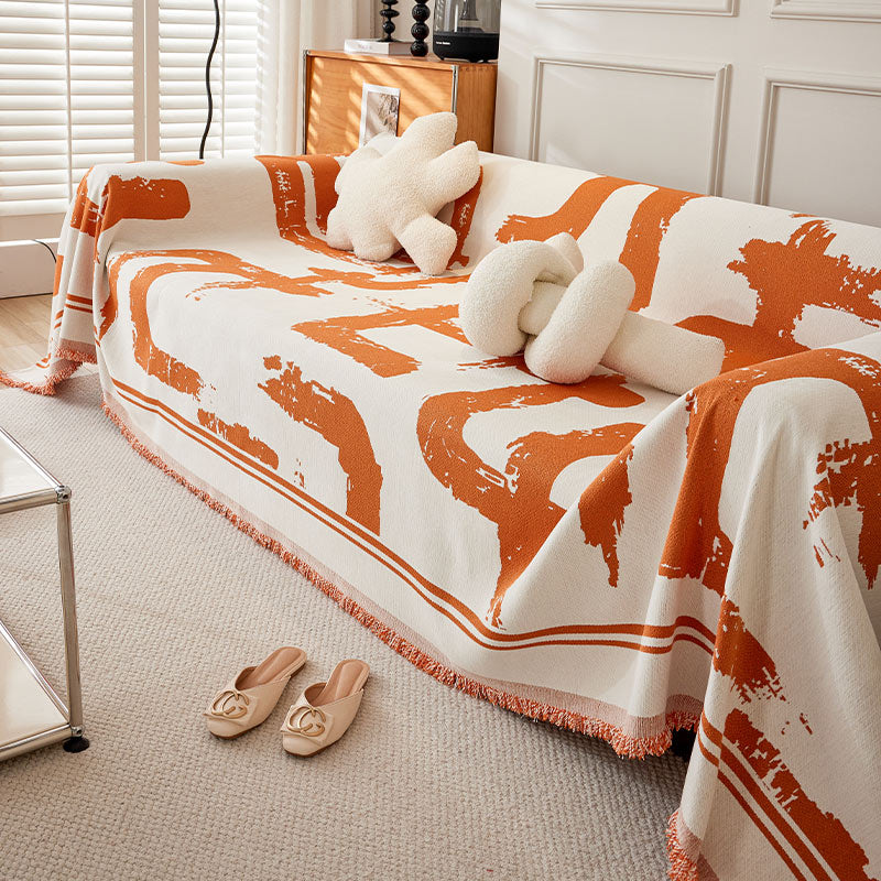 Bedrukte chenille bankplaid - Abstract patroon met franjes