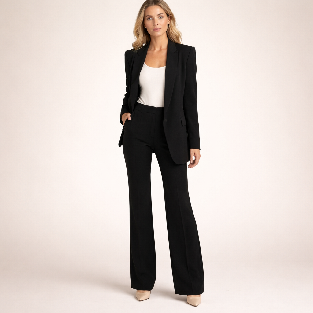 Stijlvol damespak met blazer en flared broek