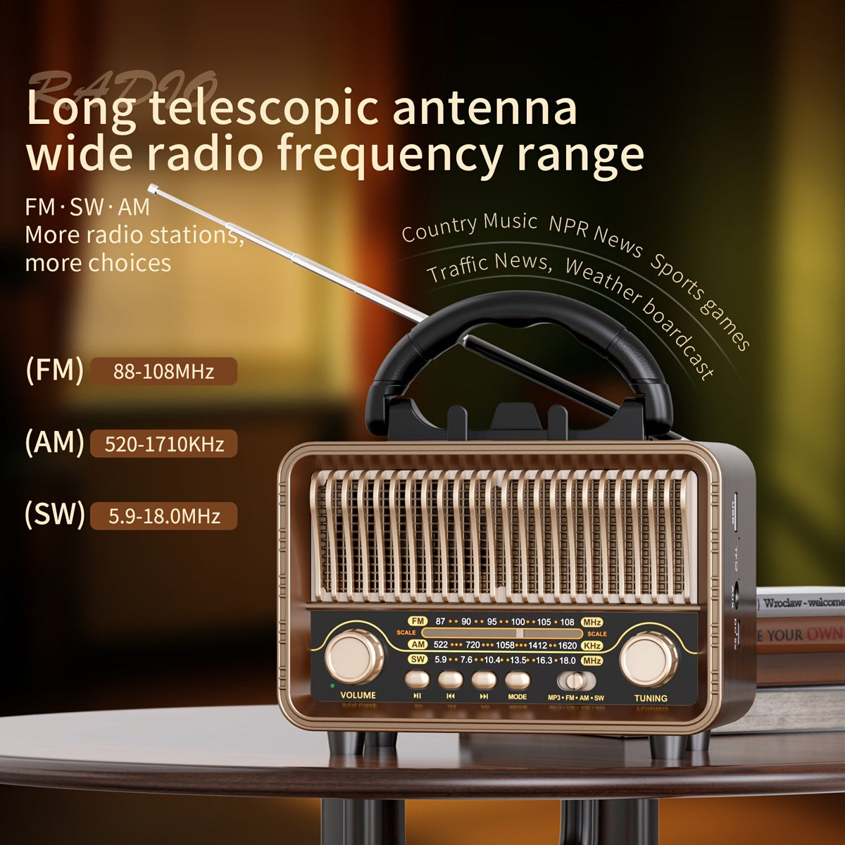 Draagbare retro radio met AM, FM en korte golf