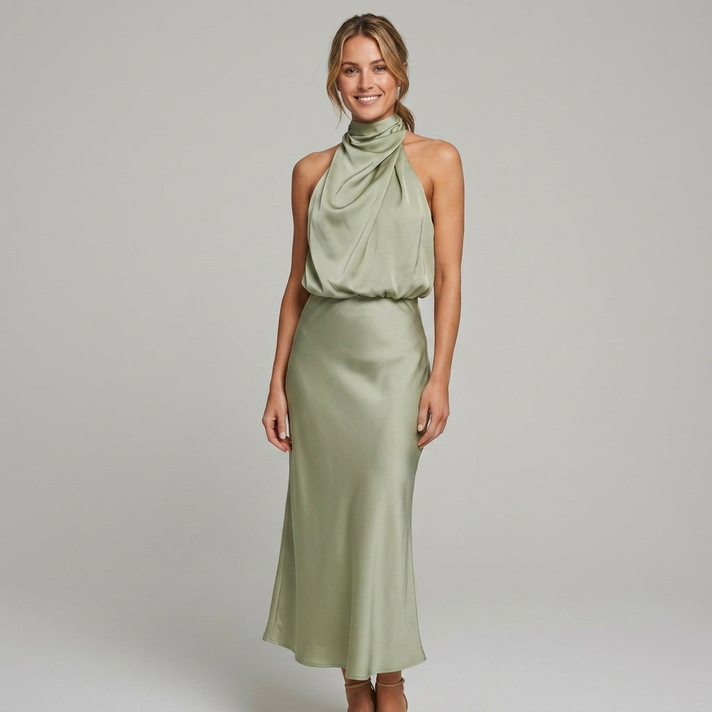 Elegante midi-jurk met gedrapeerde top en hoge hals