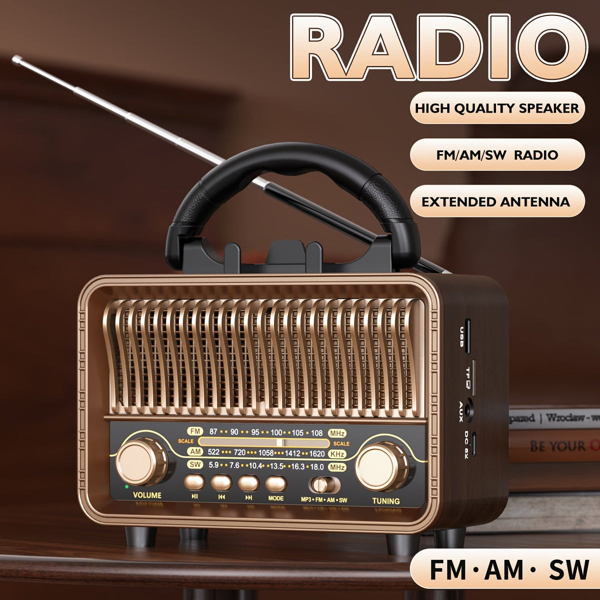 Draagbare retro radio met AM, FM en korte golf