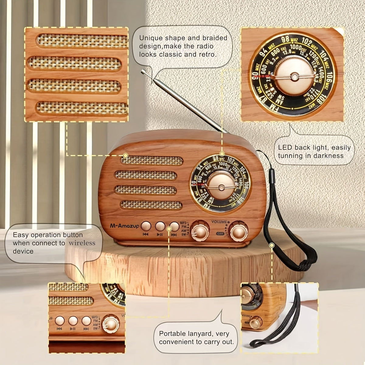 Draagbare retro radio met houtlook en draadloze luidspreker