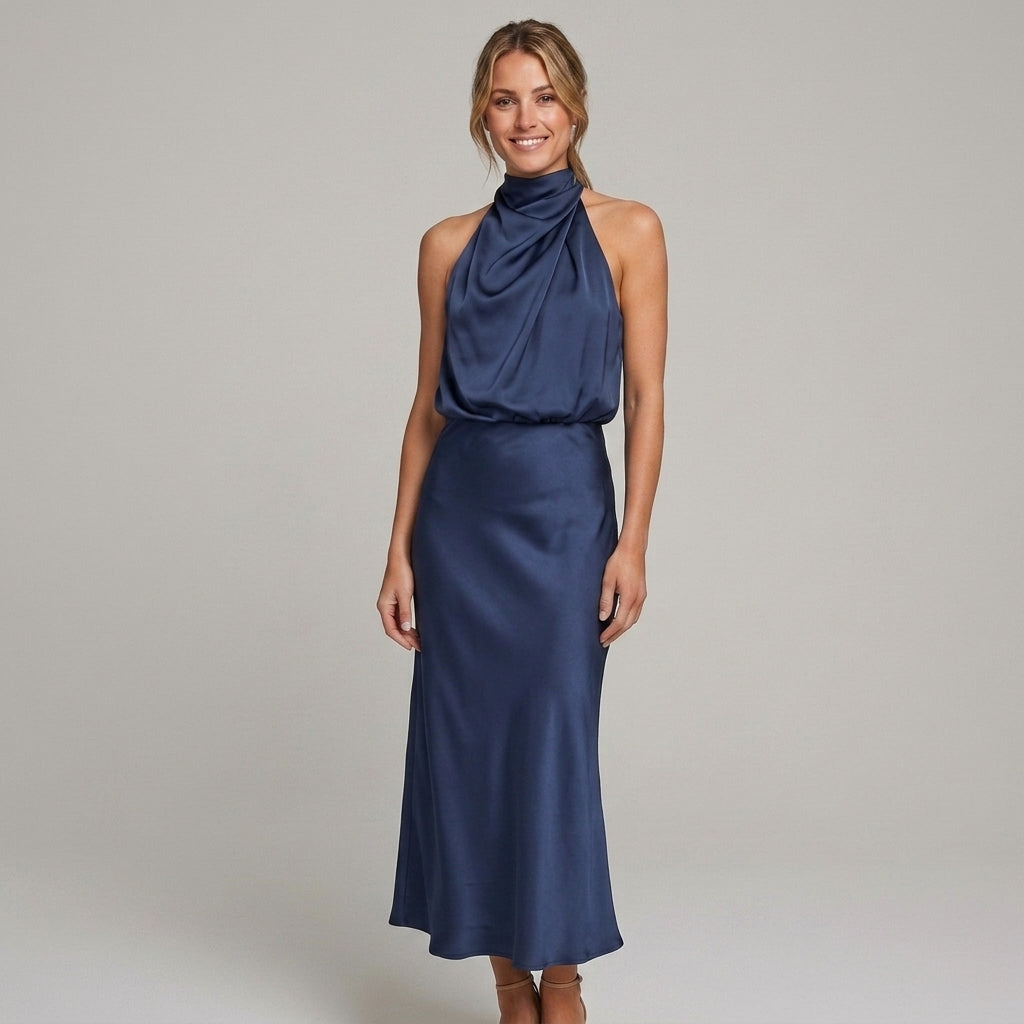 Elegante midi-jurk met gedrapeerde top en hoge hals