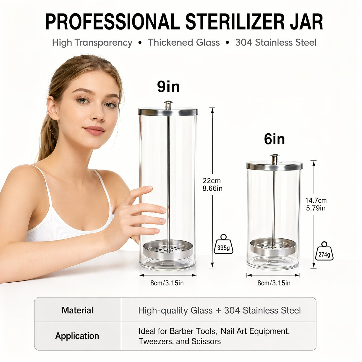 Desinfectiepot voor beautytools van glas en roestvrij staal