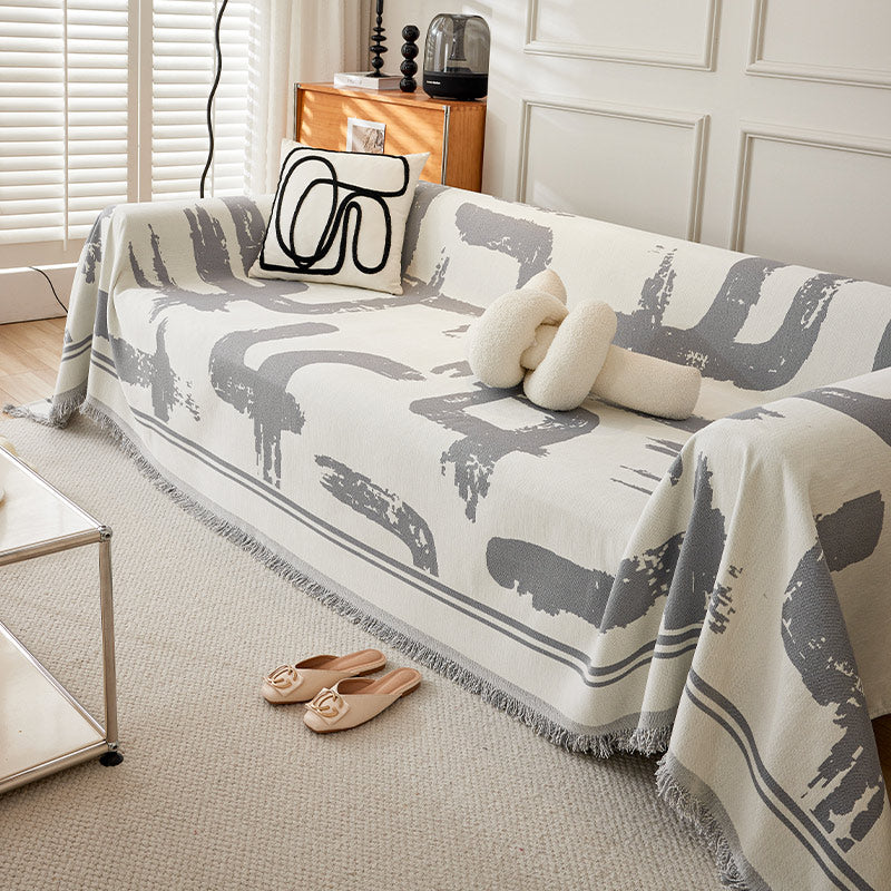 Bedrukte chenille bankplaid - Abstract patroon met franjes