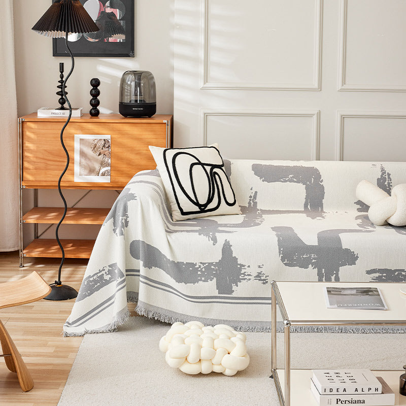 Bedrukte chenille bankplaid - Abstract patroon met franjes