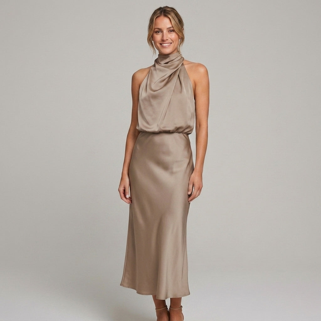 Elegante midi-jurk met gedrapeerde top en hoge hals