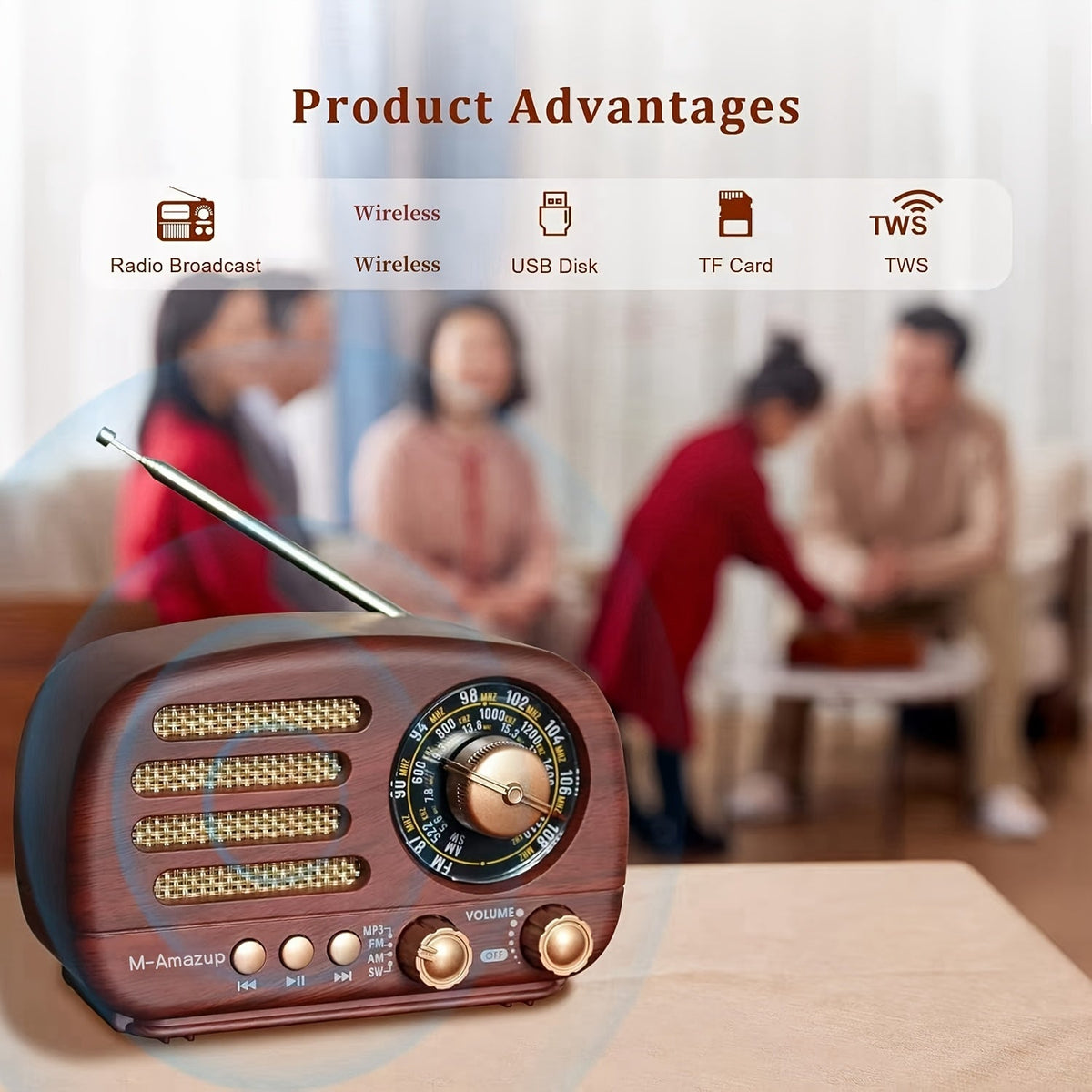 Draagbare retro radio met houtlook en draadloze luidspreker