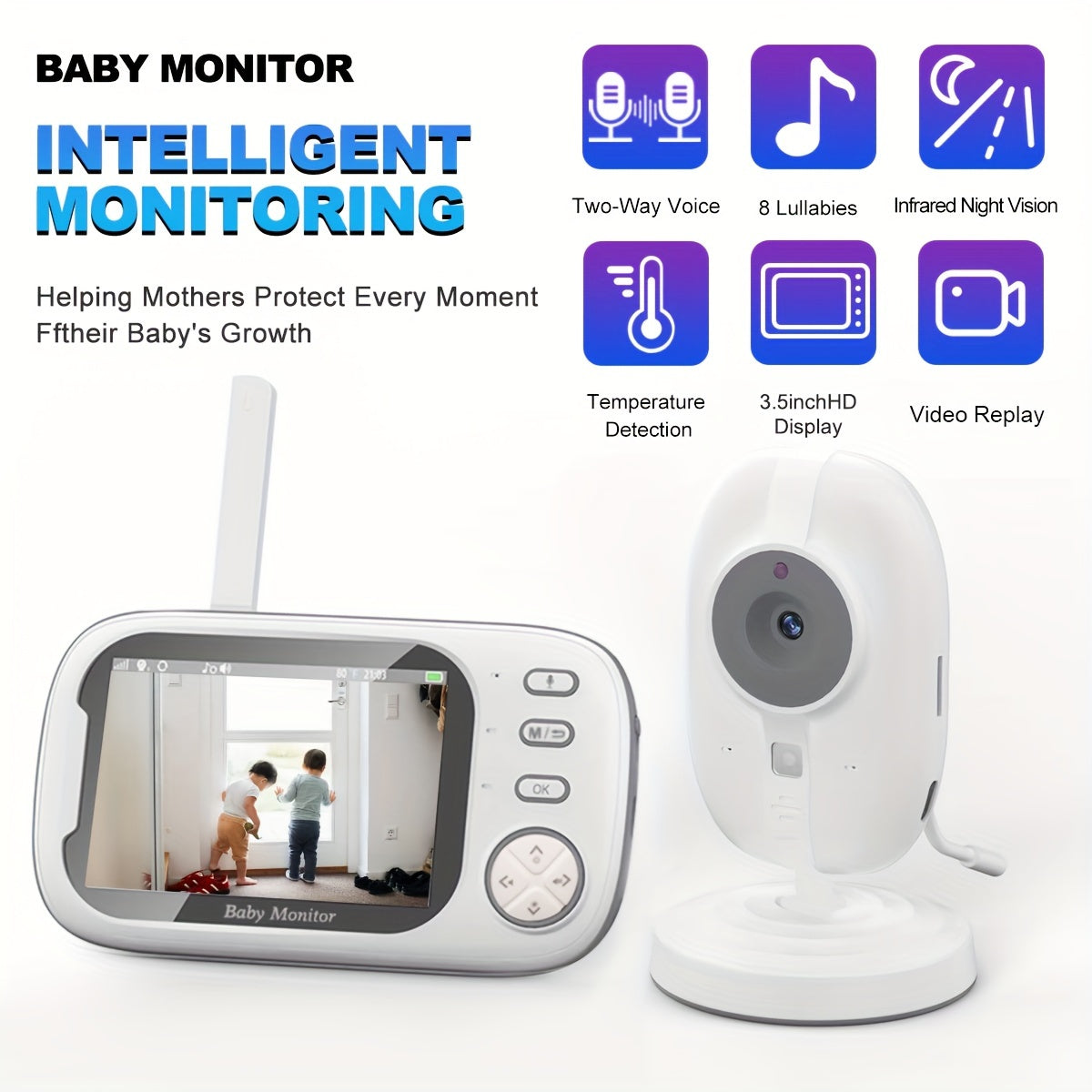 HD-videobabyfoon met infraroodnachtzicht en tweerichtingsaudio