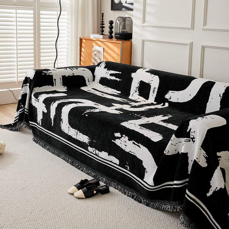 Bedrukte chenille bankplaid - Abstract patroon met franjes