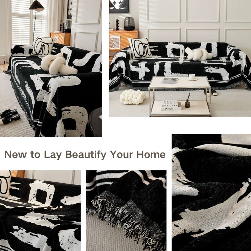 Bedrukte chenille bankplaid - Abstract patroon met franjes