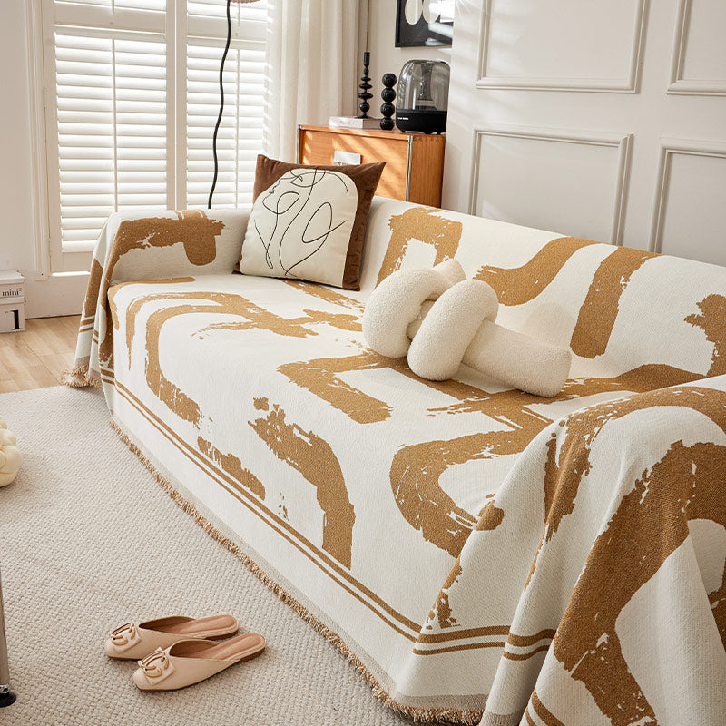 Bedrukte chenille bankplaid - Abstract patroon met franjes