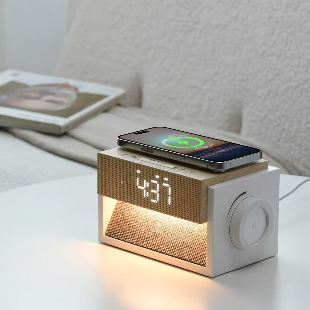 Multifunctionele bedlamp met draadloos opladen en witte ruis