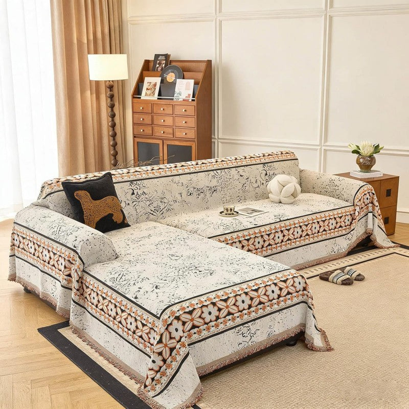 Chenille bankplaid - Bloemenjacquard met kwastjes
