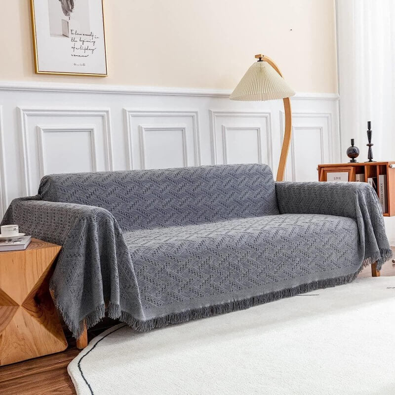 Geometrische bankplaid - Omkeerbare katoenmix met franjes