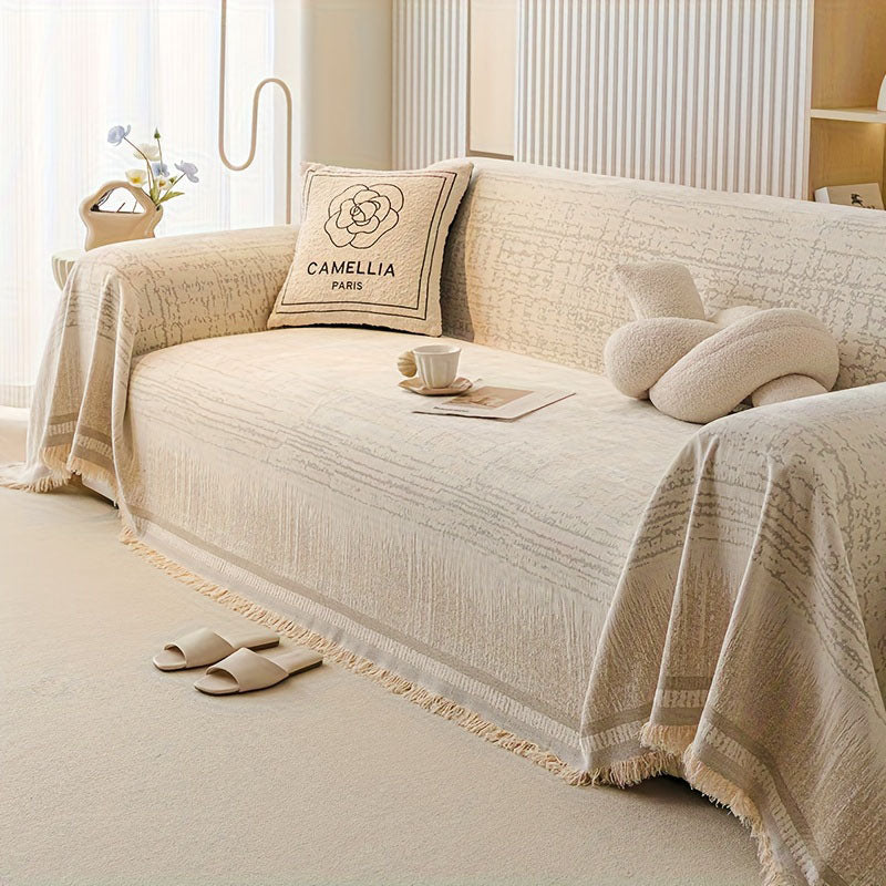 Chenille bankplaid - Scandinavische meubelbeschermer met franjes