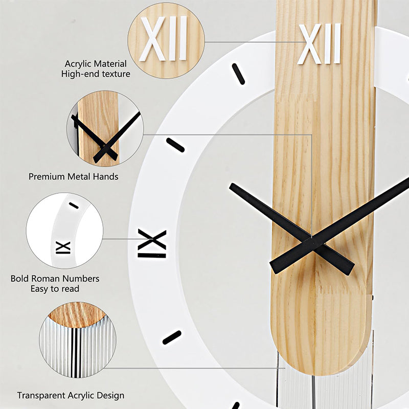 Massief houten wandklok - Stil uurwerk met houten slinger
