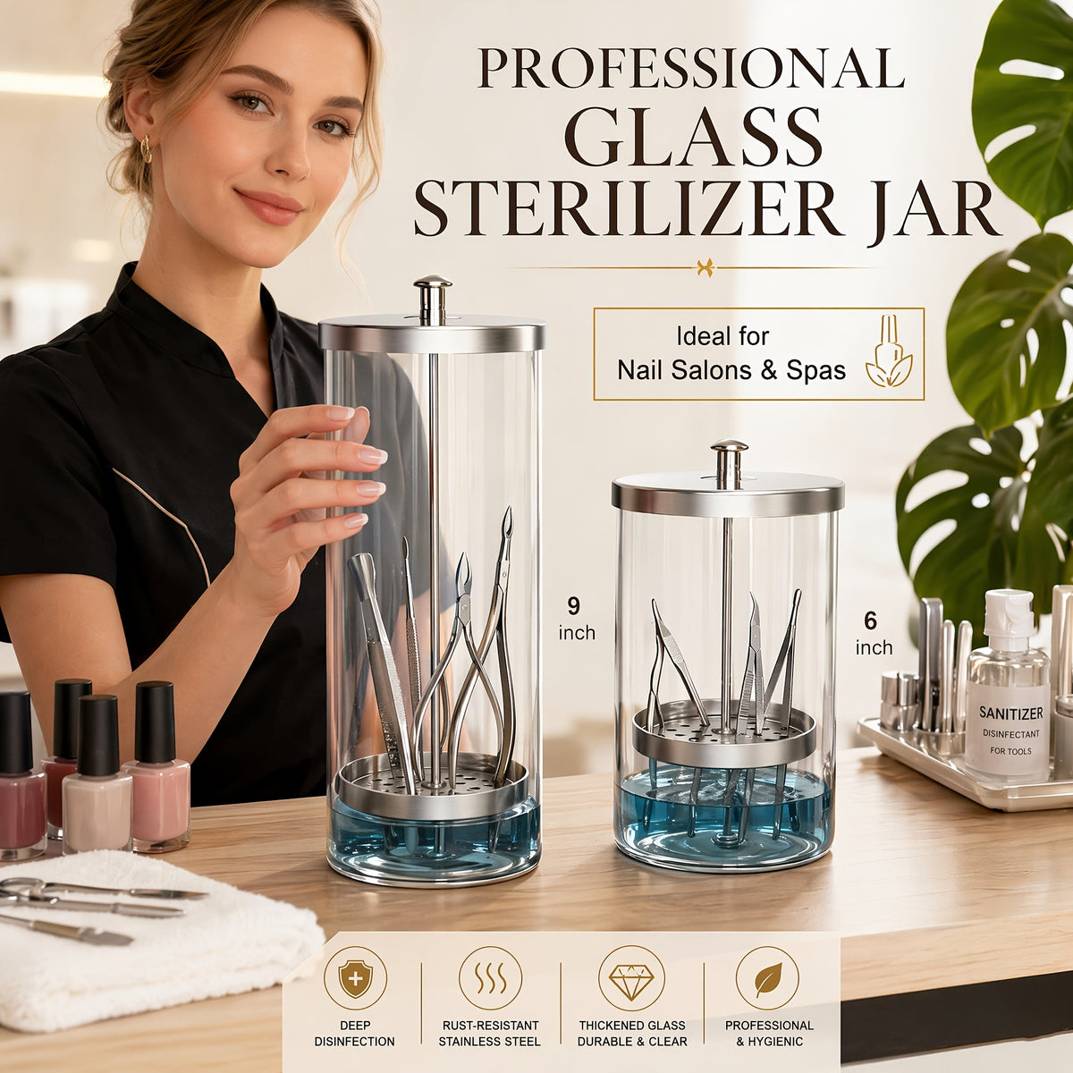 Desinfectiepot voor beautytools van glas en roestvrij staal