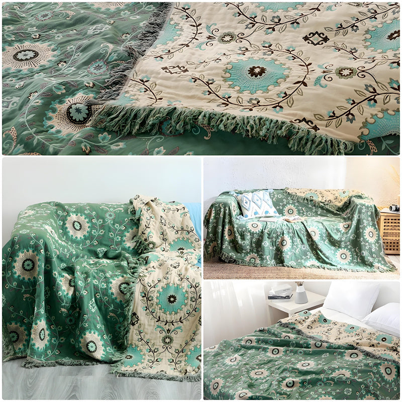 Omkeerbare katoenen deken - Boho bloemen met kwastjes