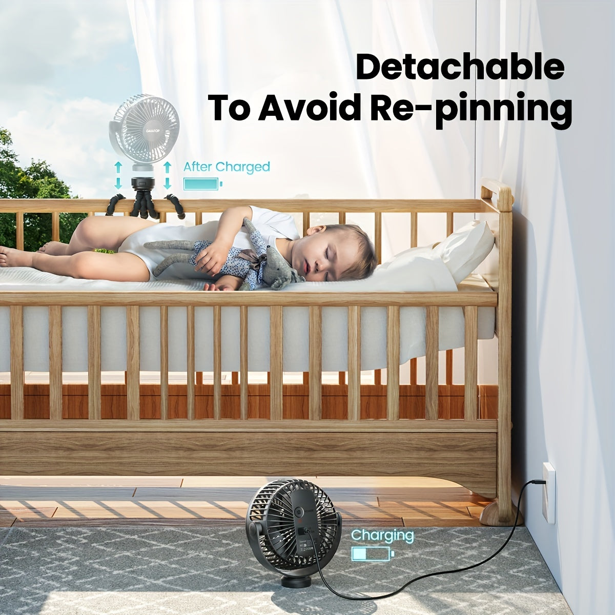 Oplaadbare mini-kinderwagenventilator met flexibele poten