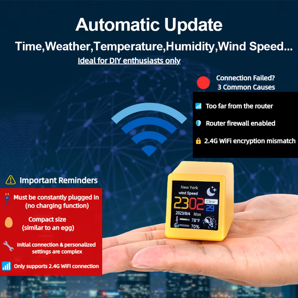 Compact wifi-weerdisplay met temperatuur, luchtvochtigheid en klok