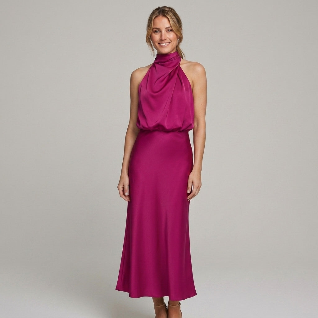 Elegante midi-jurk met gedrapeerde top en hoge hals