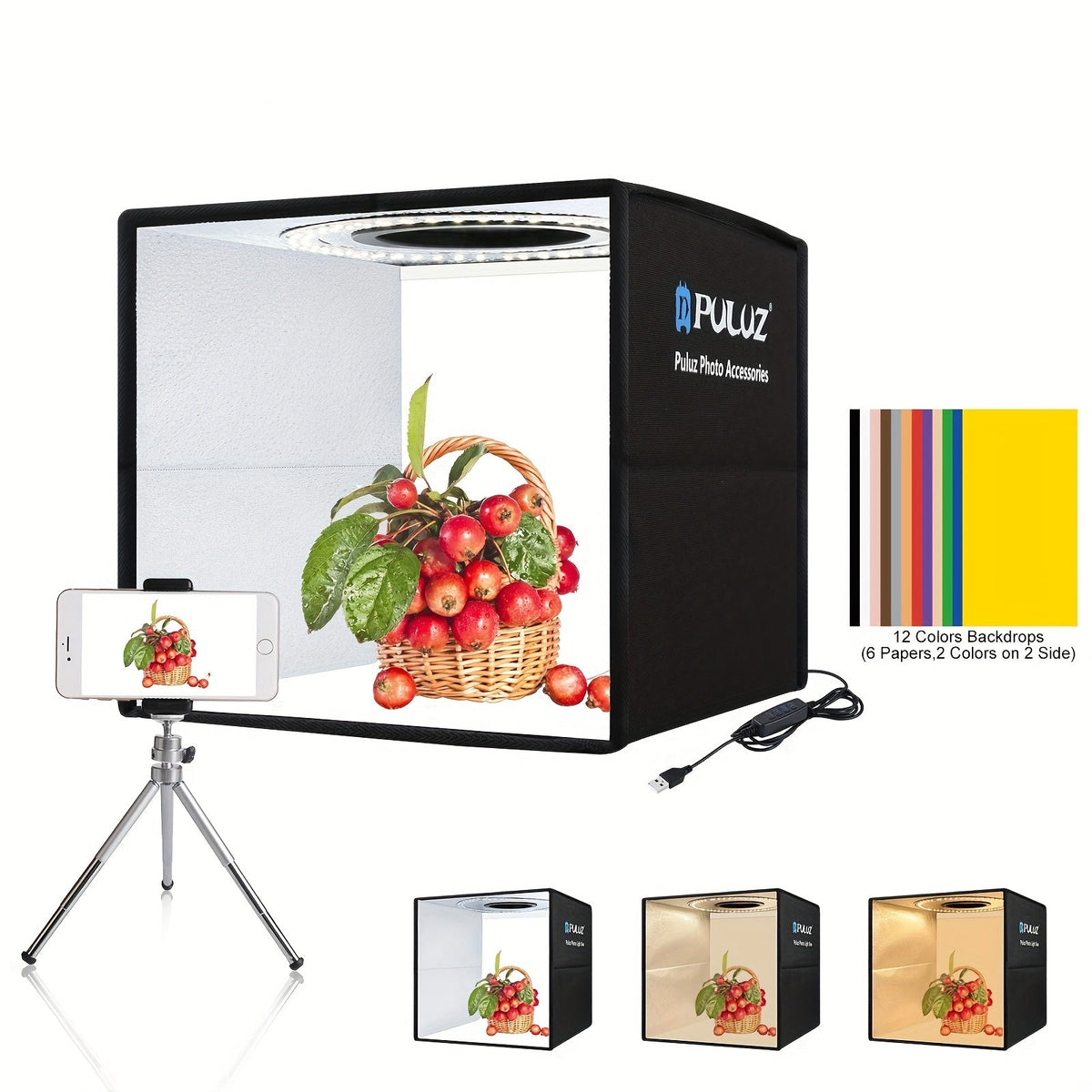 Opvouwbare fototent met ringverlichting en achtergronden - 25 cm