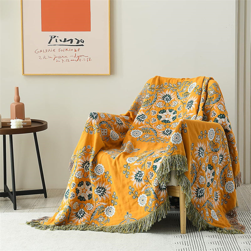 Bohemian katoenen plaid - Omkeerbare bloemen met franjes