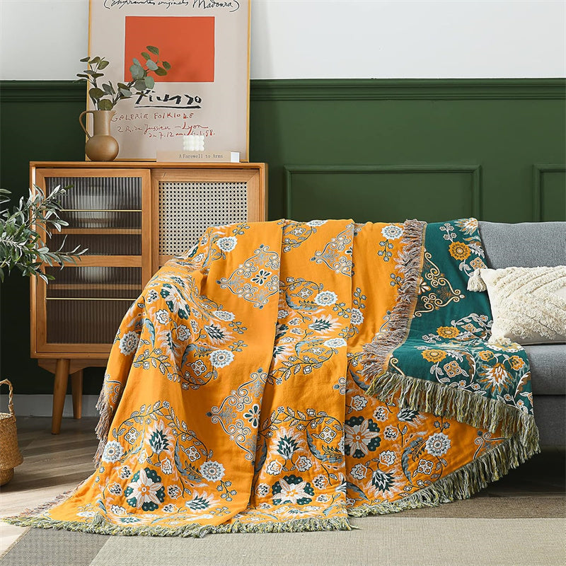 Bohemian katoenen plaid - Omkeerbare bloemen met franjes