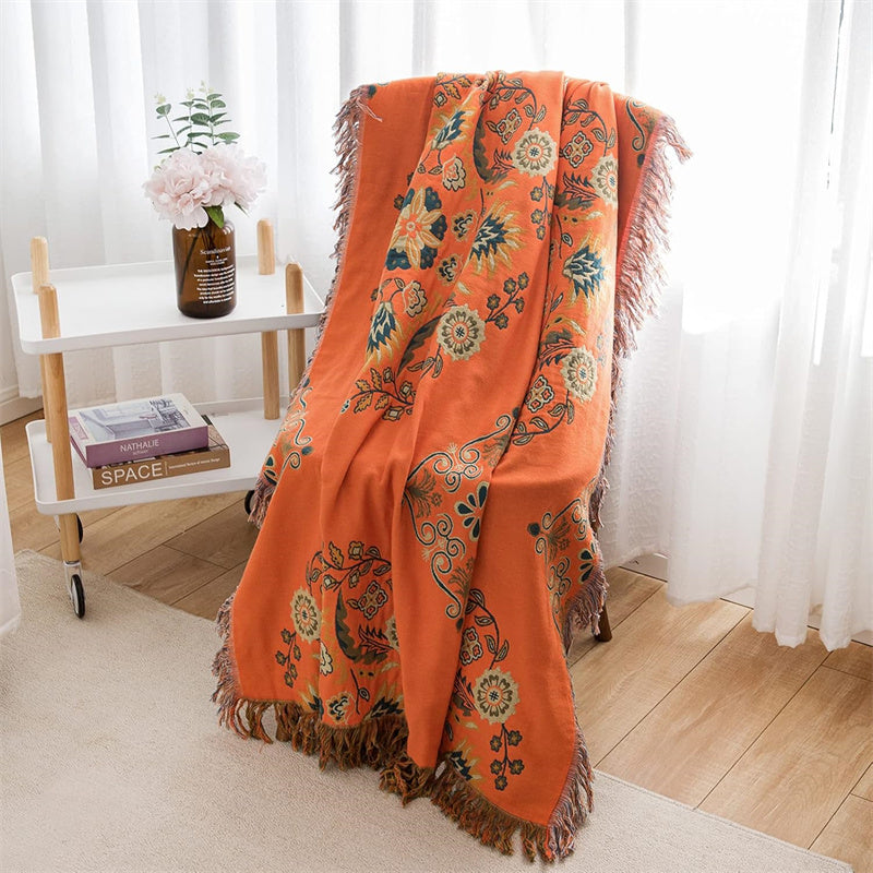 Bohemian katoenen plaid - Omkeerbare bloemen met franjes
