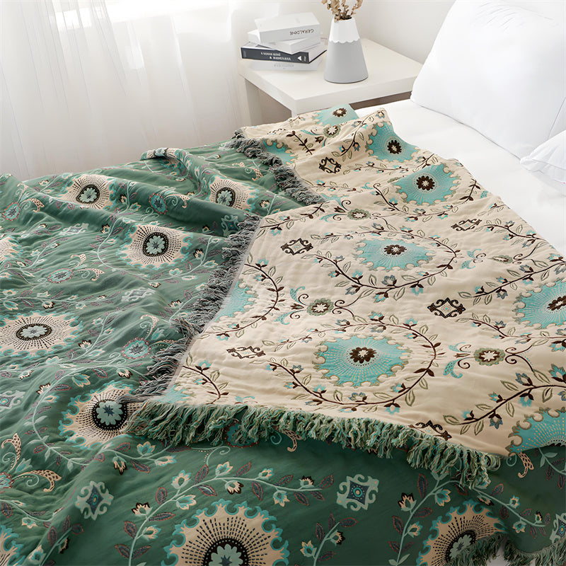 Omkeerbare katoenen deken - Boho bloemen met kwastjes