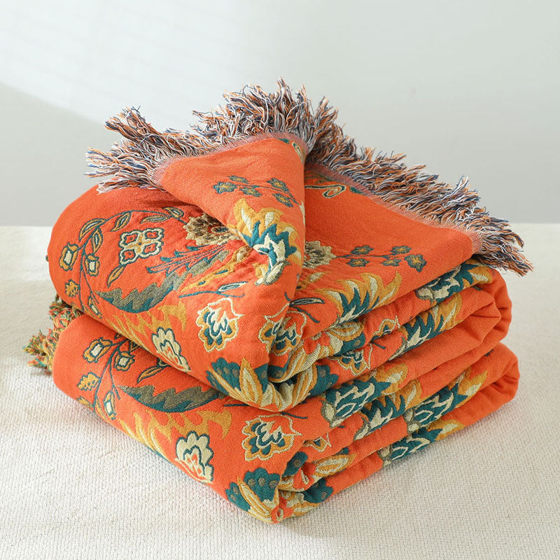 Bohemian katoenen plaid - Omkeerbare bloemen met franjes
