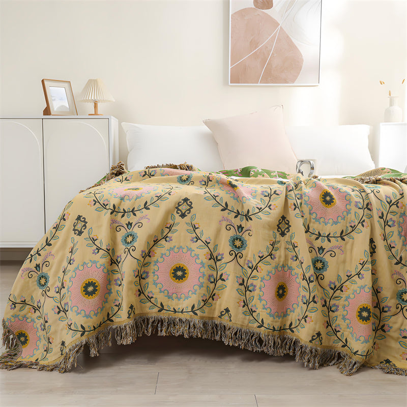 Omkeerbare katoenen deken - Boho bloemen met kwastjes