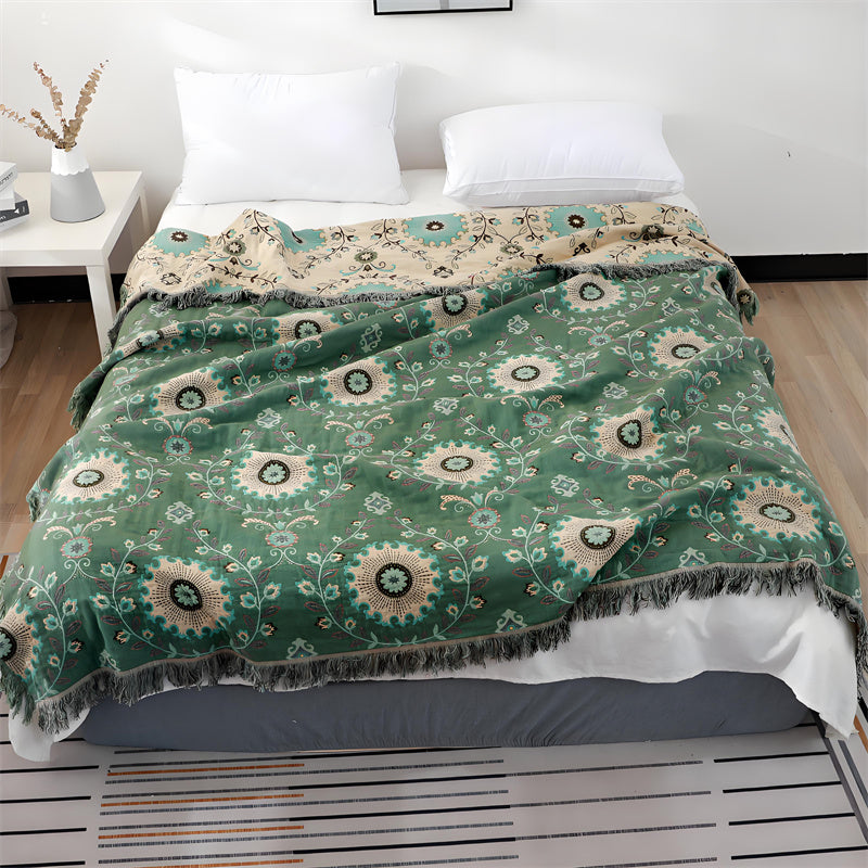 Omkeerbare katoenen deken - Boho bloemen met kwastjes