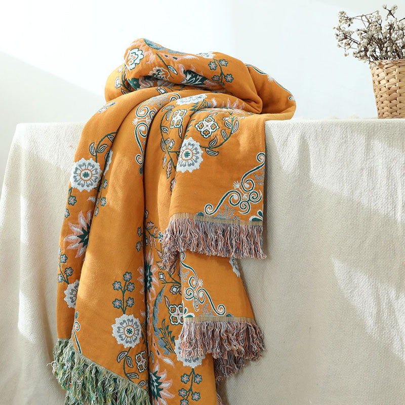 Bohemian katoenen plaid - Omkeerbare bloemen met franjes